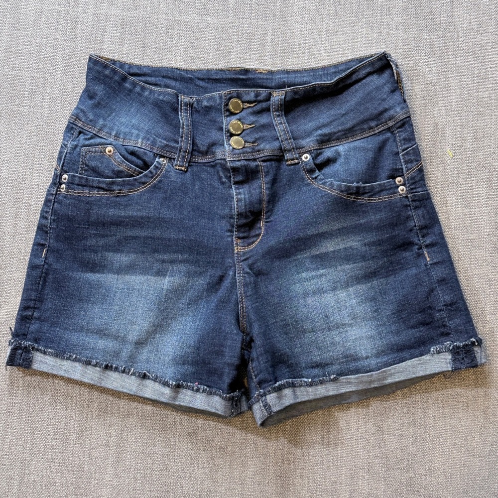 YMI Wanna Betta Butt High Waisted Dark Wash Denim‎ Shorts Size 5/27 Cuffed Hem